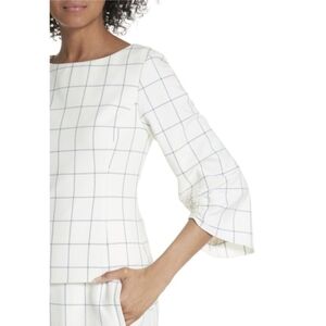 Tibi | Windowpane Plaid Ruched Cuff Top Size 0 White Blue Back Zip